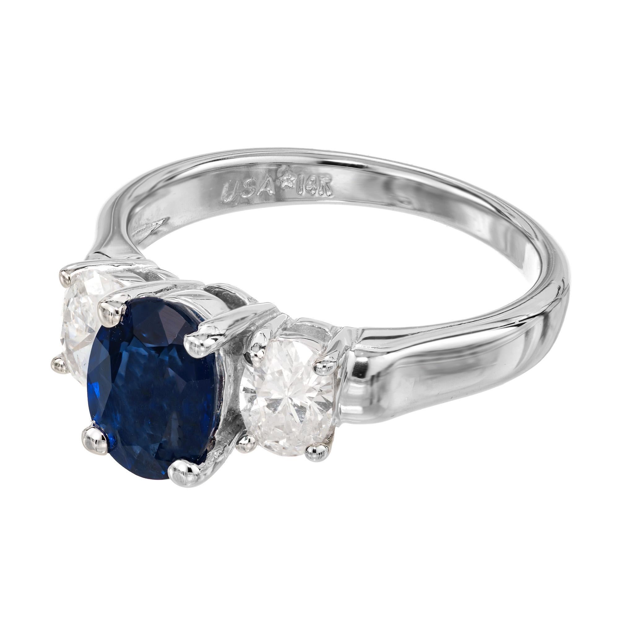 Oval Cut GIA Certified 1.45 Carat Oval Sapphire Diamond Gold Three-Stone Engagement Ring For Sale