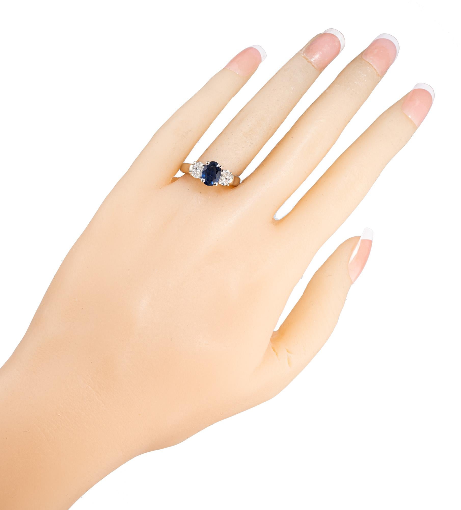 GIA Certified 1.45 Carat Oval Sapphire Diamond Gold Three-Stone Engagement Ring For Sale 3
