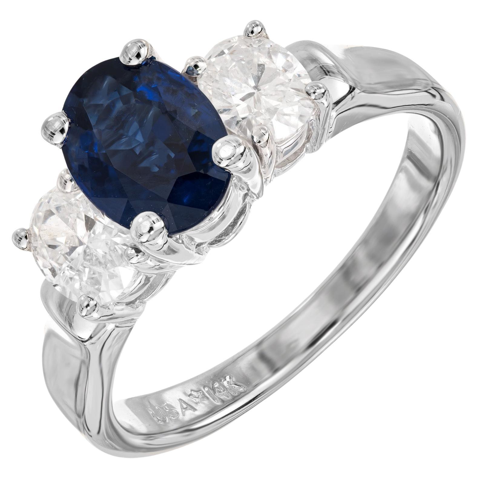 GIA Certified 1.45 Carat Oval Sapphire Diamond Gold Three-Stone Engagement Ring
