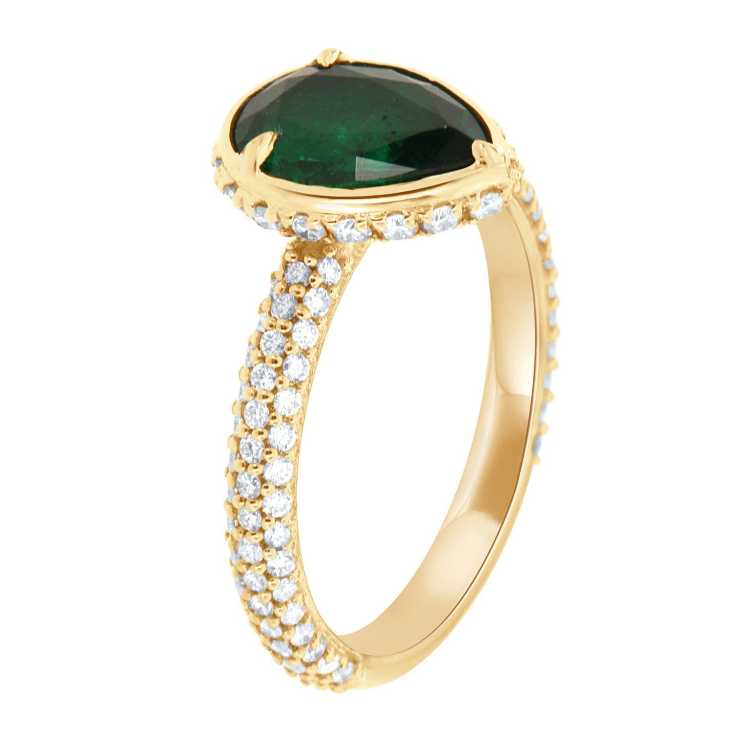 This spectacular ring features a GIA certified 1.45-carat Pear-shaped Vibrant Green Emerald from Zambia. This top-quality gem is encircled by a row of hidden halo of brilliant round diamonds on top of a 2.6mm wide band. Three rows of diamonds are