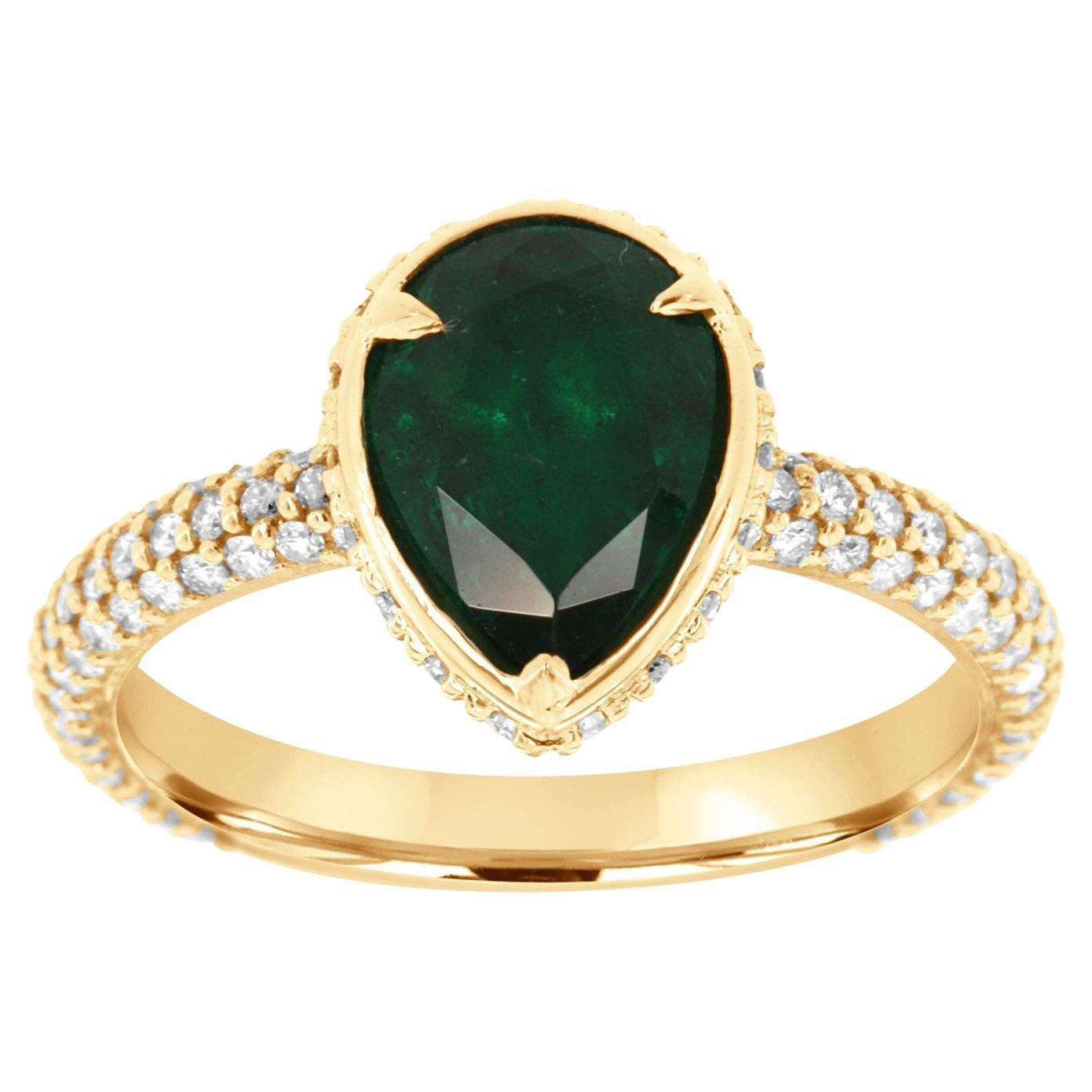 GIA Certified 1.45 Carat Pear Green Emerald 18k Yellow Gold Diamond Ring For Sale