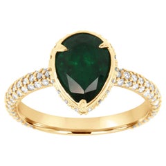 Bague en or jaune 18 carats avec diamants et émeraude verte poire de 1,45 carat certifiée par le GIA