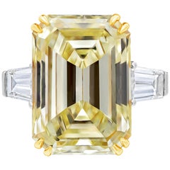 GIA Certified 14.54 Carat Yellow Emerald Cut Diamond Three-Stone Engagement Ring