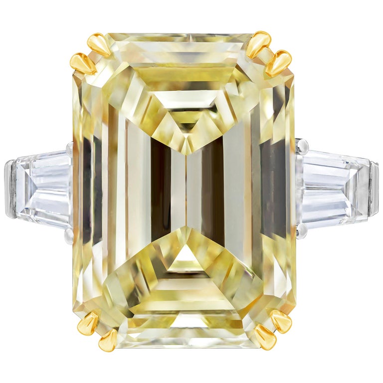 GIA Certified 14.54 Carat Yellow Emerald Cut Diamond Three-Stone Engagement  Ring For Sale at 1stDibs