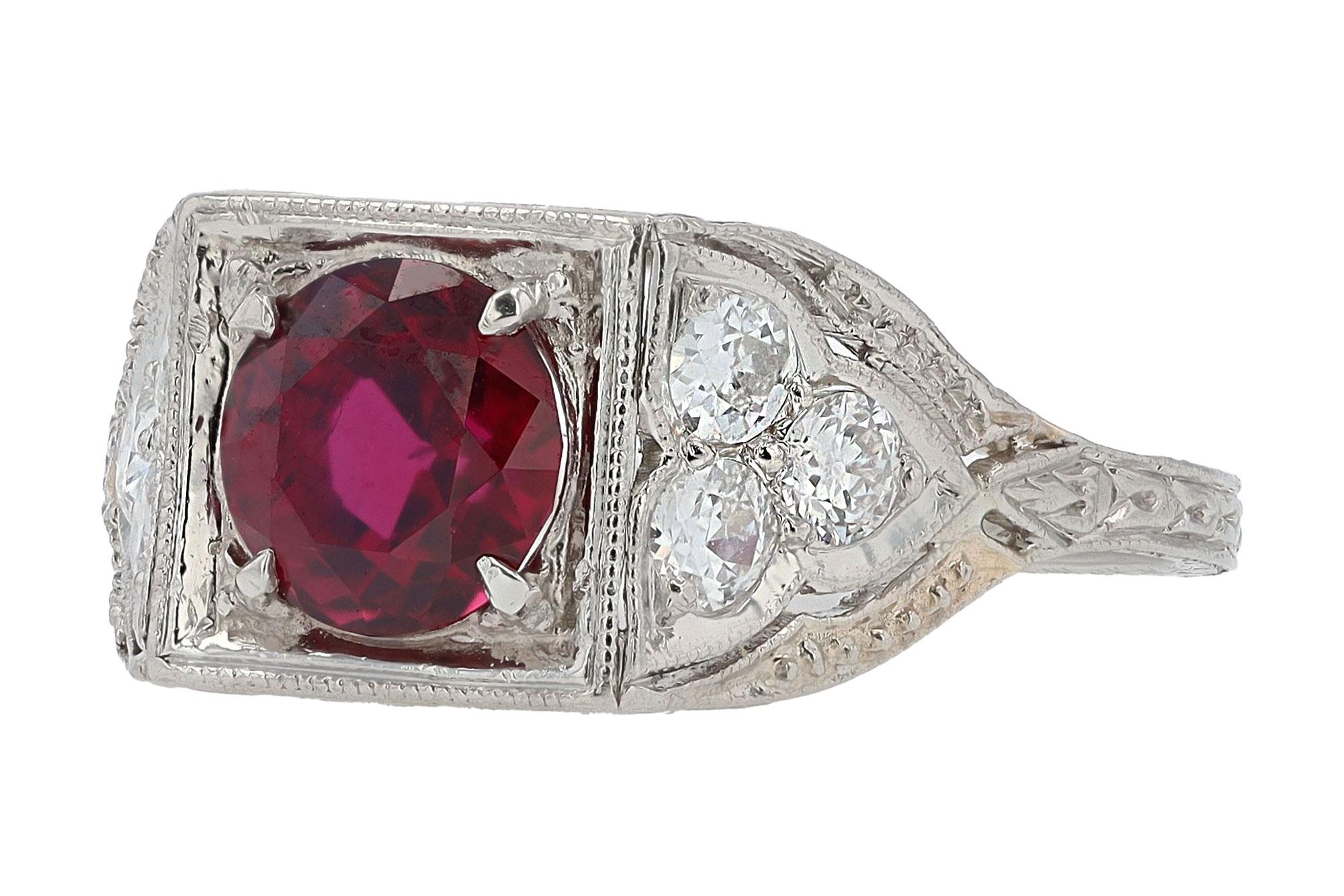 Round Cut GIA Certified 1.46 Carat No Heat Ruby & Diamond Art Deco Engagement Ring For Sale