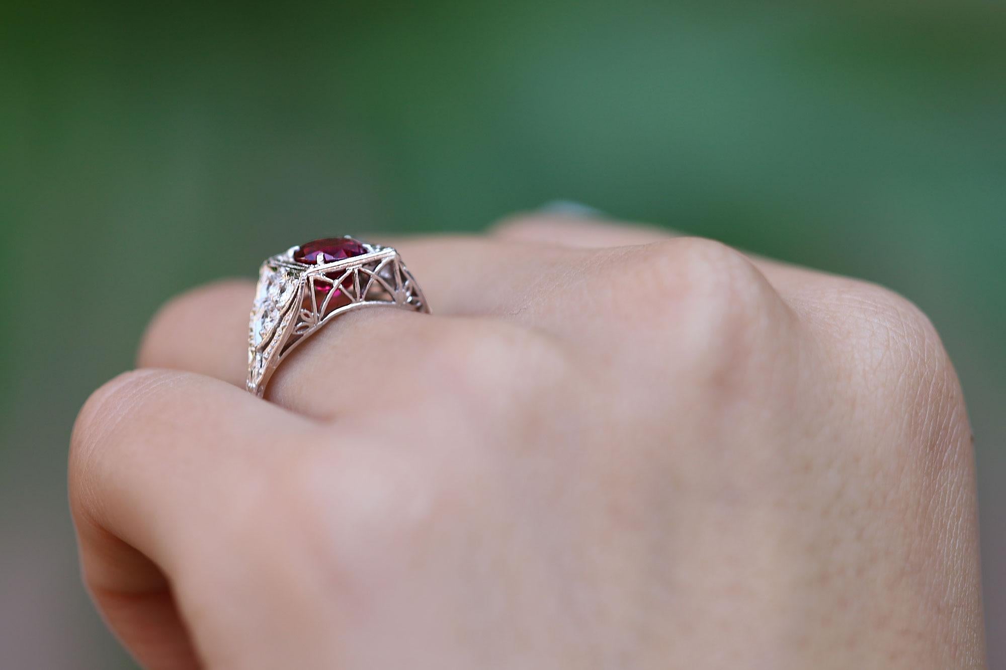GIA Certified 1.46 Carat No Heat Ruby & Diamond Art Deco Engagement Ring In Good Condition For Sale In Santa Barbara, CA