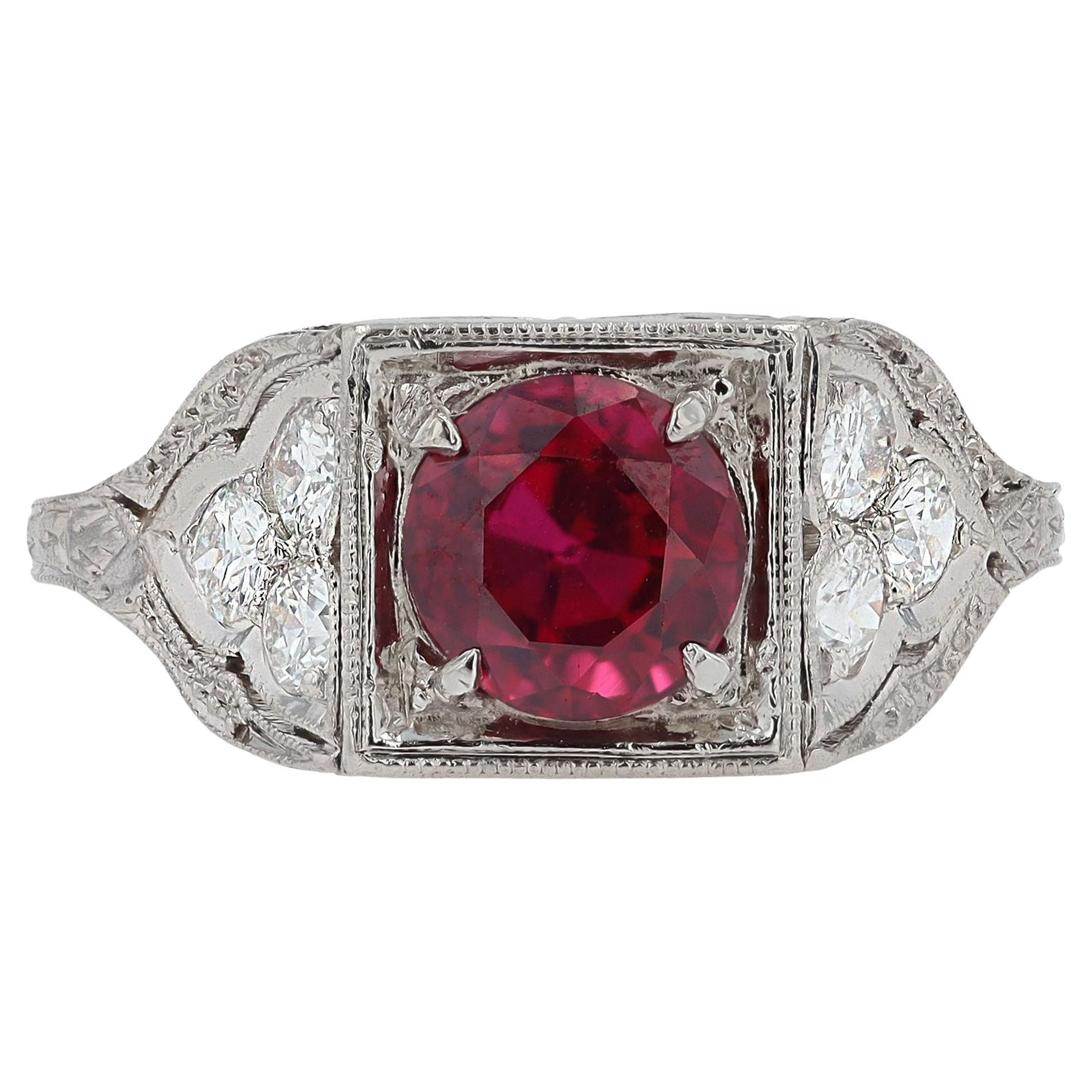 GIA Certified 1.46 Carat No Heat Ruby & Diamond Art Deco Engagement Ring For Sale