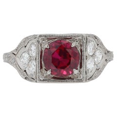 Bague de fiançailles Art déco certifiée GIA de 1,46 carat de rubis et de diamants sans échauffement