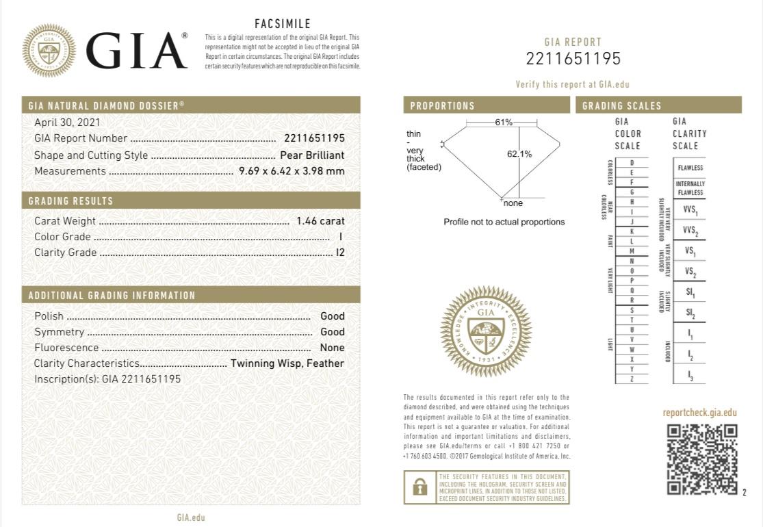 Gia zertifizierter 1,46 Karat birnenförmiger Brillant I I2 natürlicher Diamant im Zustand „Neu“ im Angebot in New York, NY
