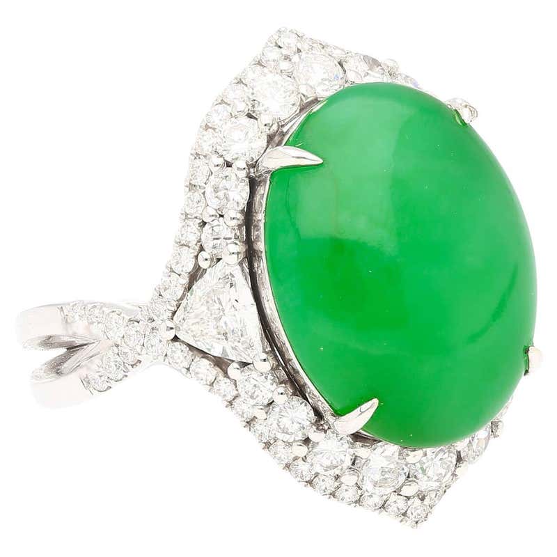 Triangular Jade Ring 18KW Ring with Type A Jadeite Jade Cabochon Cut Triangle Shape and ...
