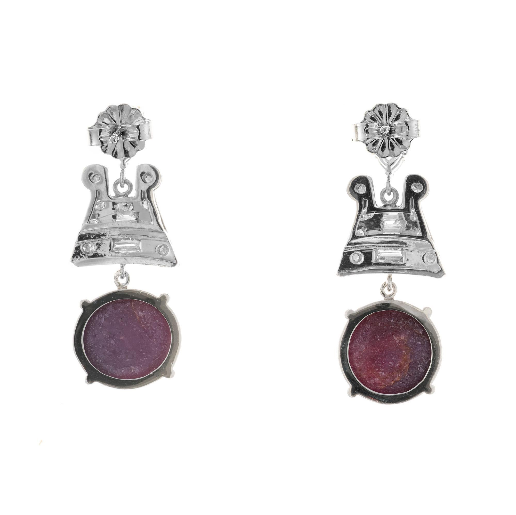 Women's GIA Certified 14.68 Star Ruby Diamond Platinum Dangle Earrings For Sale