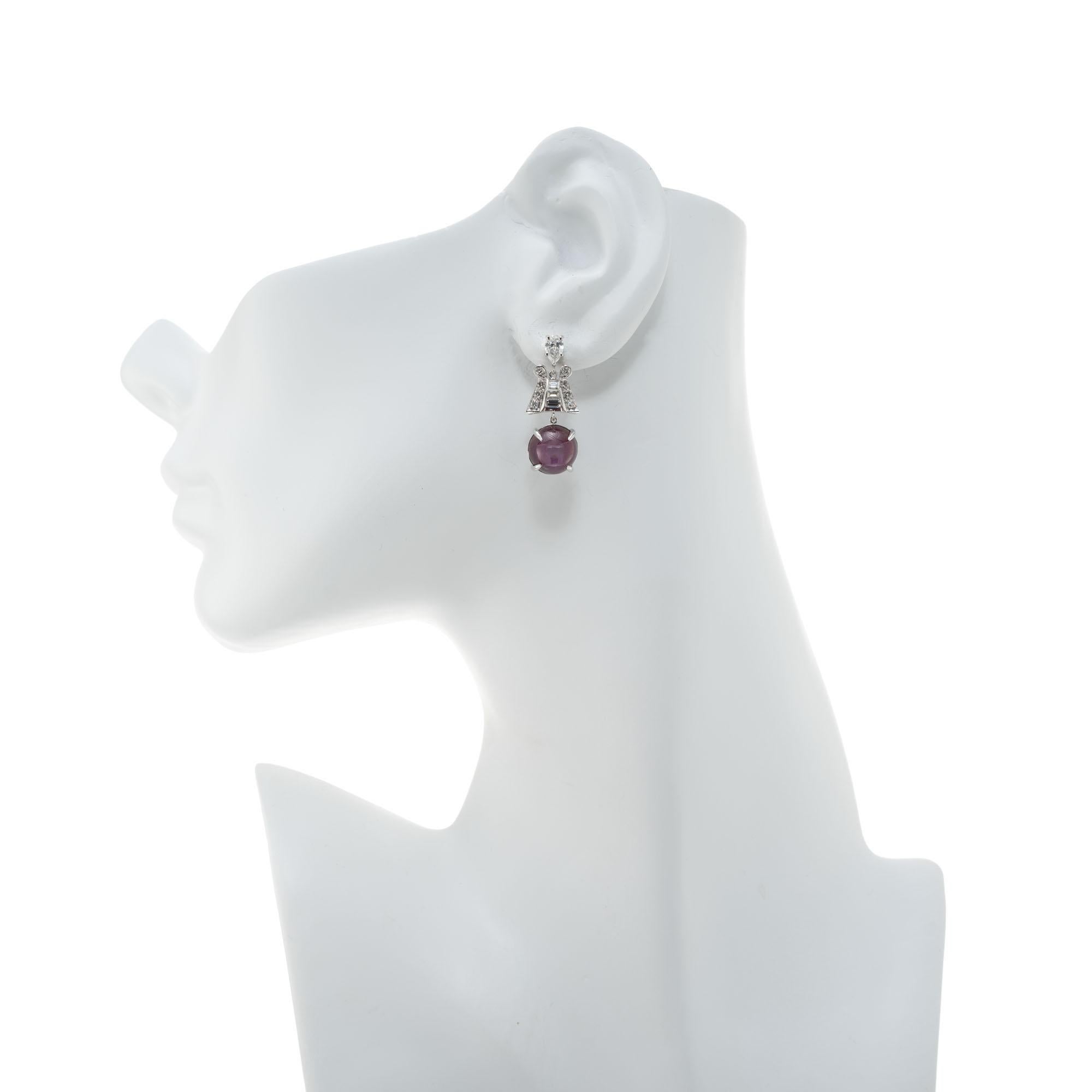 GIA Certified 14.68 Star Ruby Diamond Platinum Dangle Earrings For Sale 3