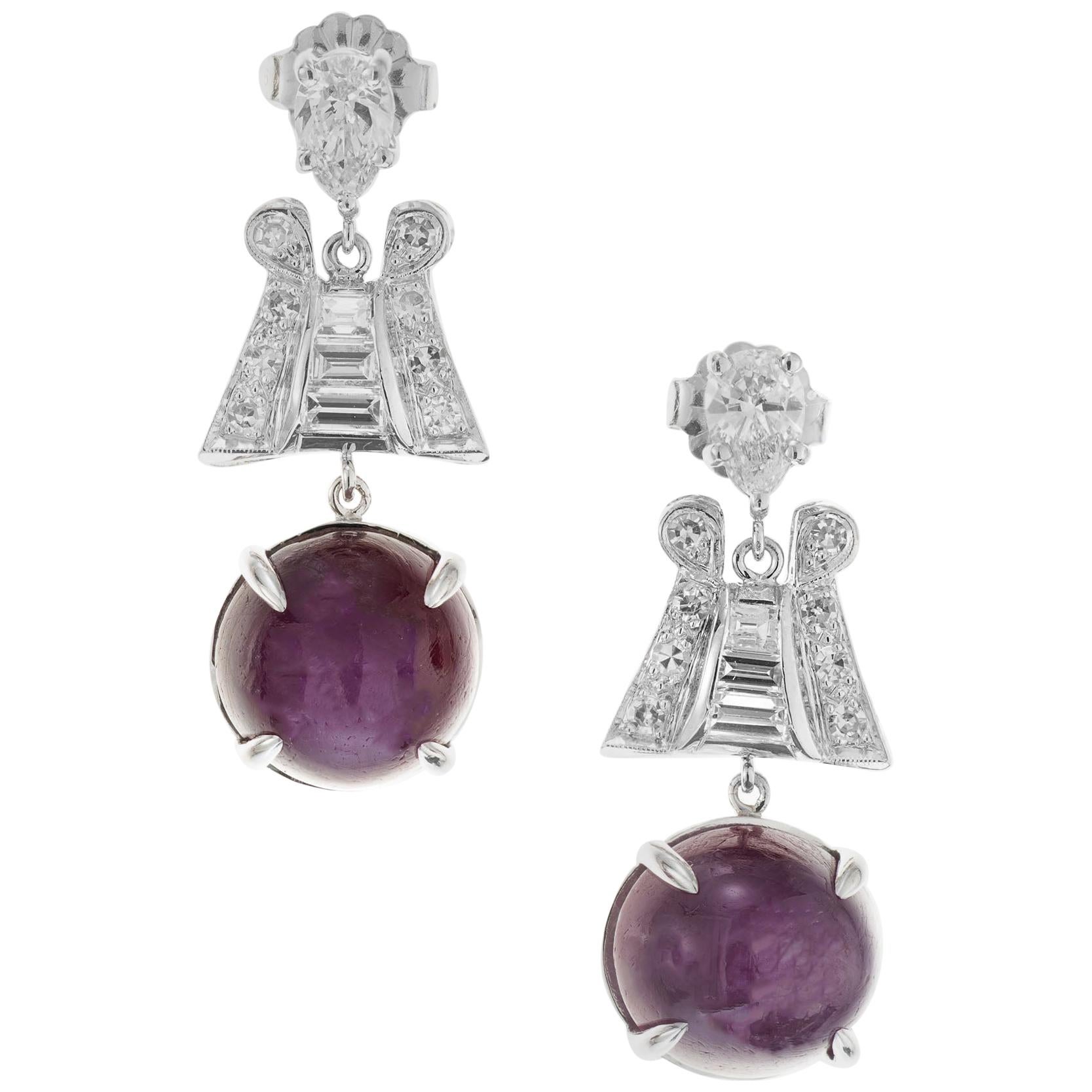 GIA Certified 14.68 Star Ruby Diamond Platinum Dangle Earrings