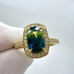 GIA Certified 1.46ct No Heat BIColour Sapphire Diamond 18k Yellow Gold Halo Ring