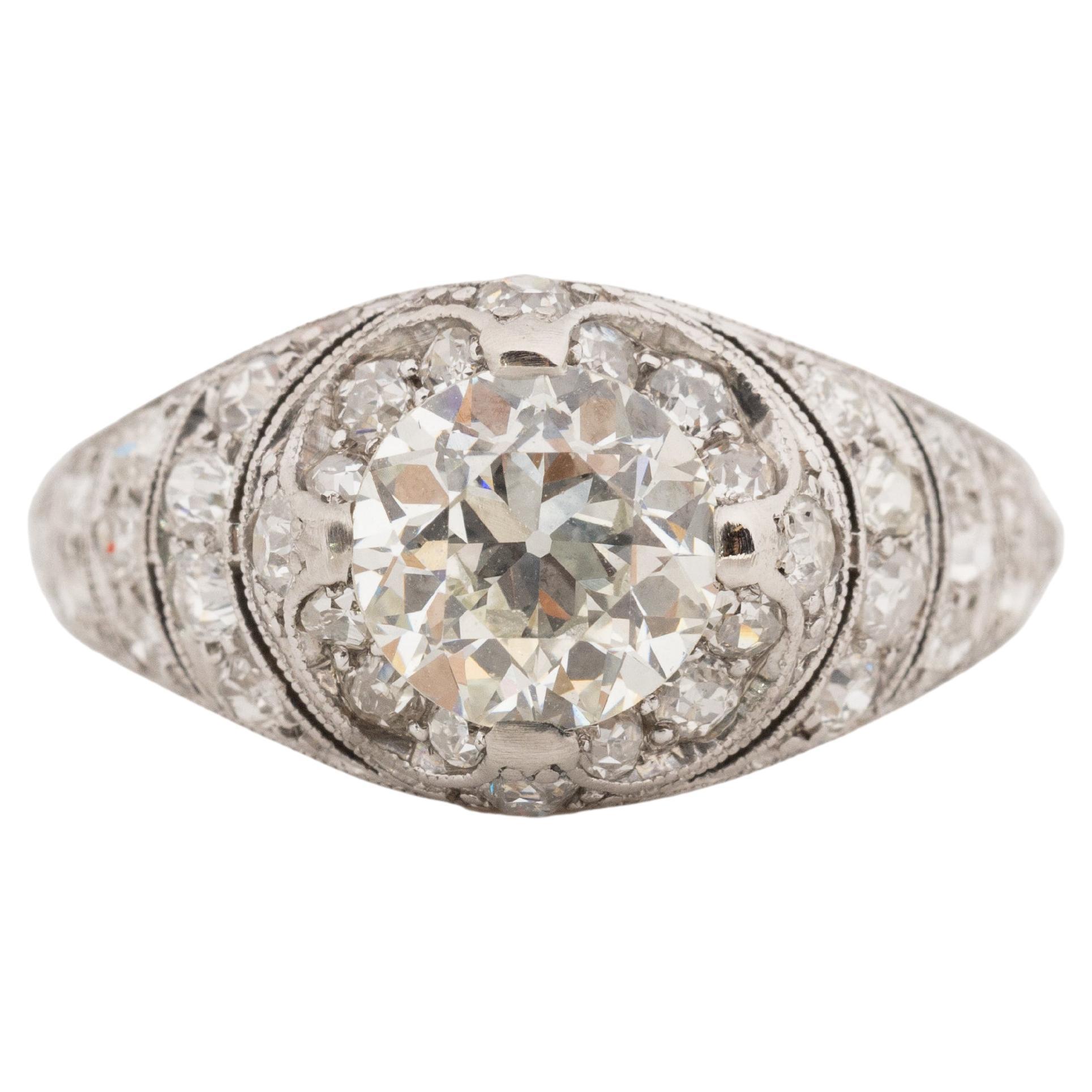 Bague de fiançailles en platine avec diamant Art Déco de 1.47 carat certifié par le GIA