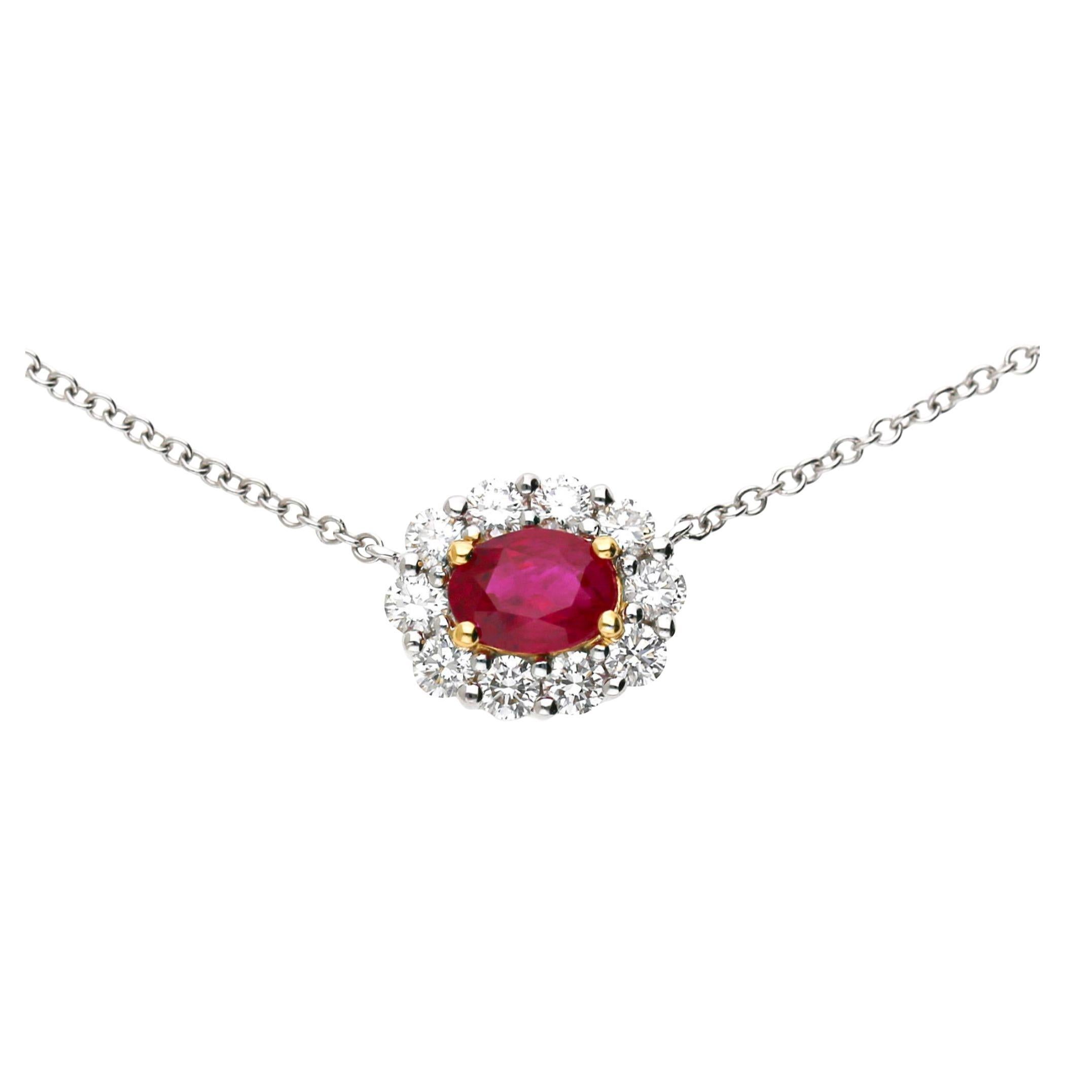 GIA Certified 1.47 Carat Ruby & Diamond Halo Floating Pendant Necklace