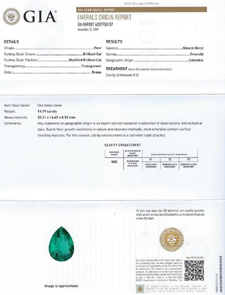 GIA Certified 14.79 Carat Pear Shape Colombian Emerald Pendant For Sale 1
