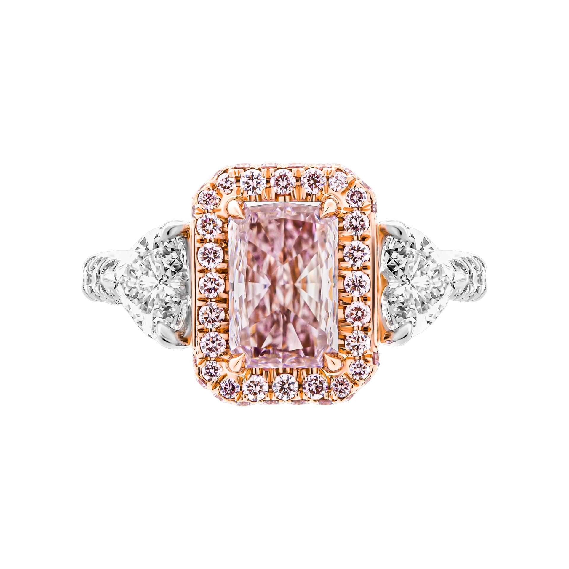 GIA Certified 1.47ct Natural Fancy Brownish Pink VS2 Radiant Cut Three-Stone In New Condition For Sale In New York, NY