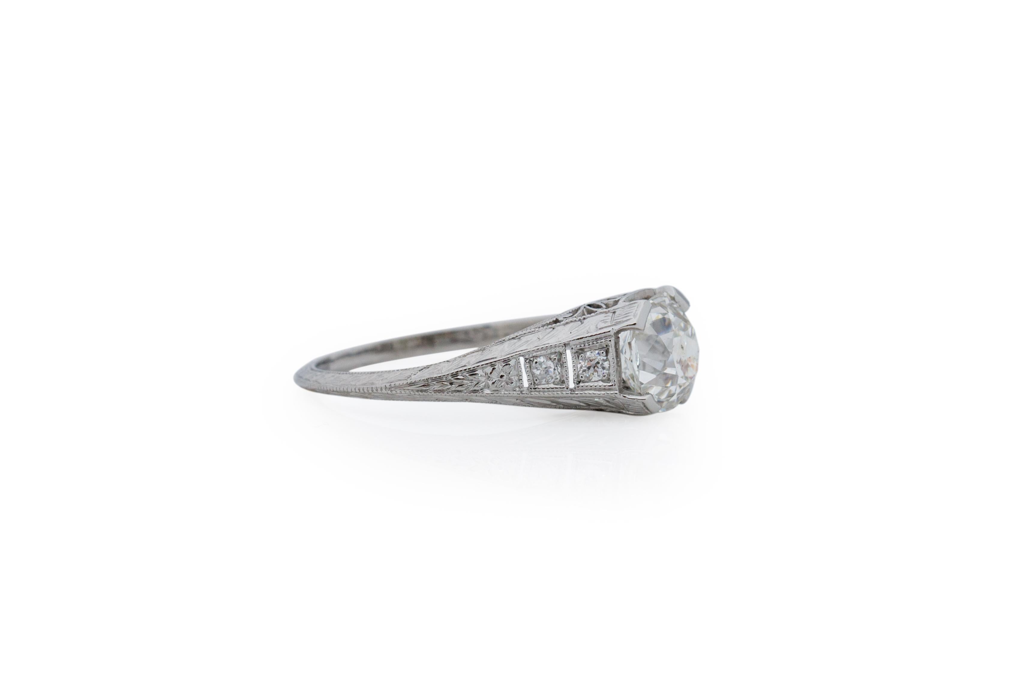 Ring Size: 6
Metal Type: Platinum [Hallmarked, and Tested]
Weight: 3.5 grams

Center Diamond Details:
GIA REPORT #: 2195298984
Weight: 1.48 carat
Cut: Antique Cushion
Color: I
Clarity: SI1
Measurements: 6.62mm x 6.61mm x 4.73mm

Side Stone