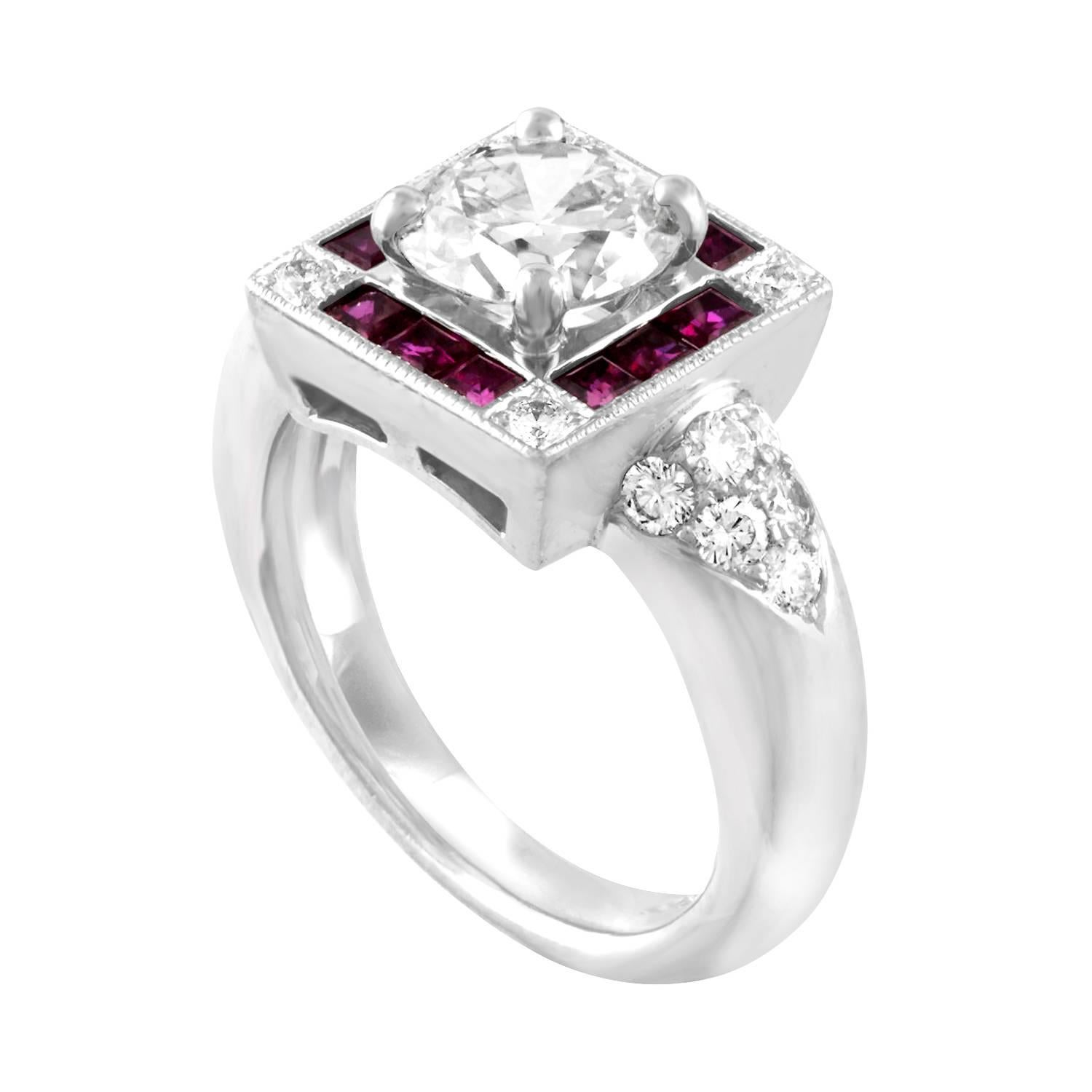 Art Deco Revival Ring
The ring is Platinum 950
The center store 1.48 Carats L VS1
The center stone is GIA certified
There are 0.70 Carats in Small Diamonds E/F VVS
There are 0.60 Carats in Ruby
The ring is a size 5.75, sizable
The ring weighs 11.1