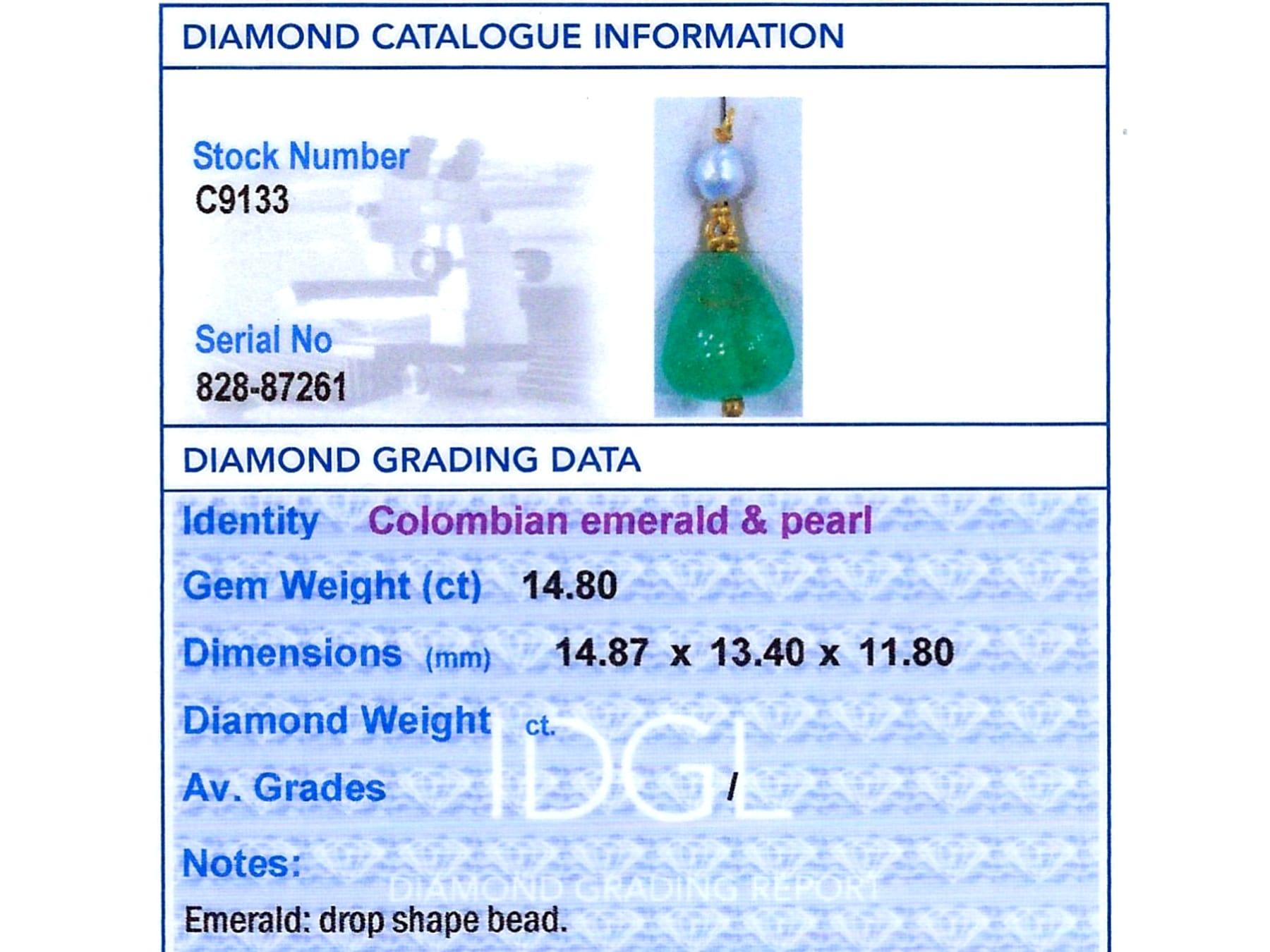 GIA Certified 14.80 Carat Colombian Emerald and Pearl 18k Yellow Gold Pendant For Sale 7