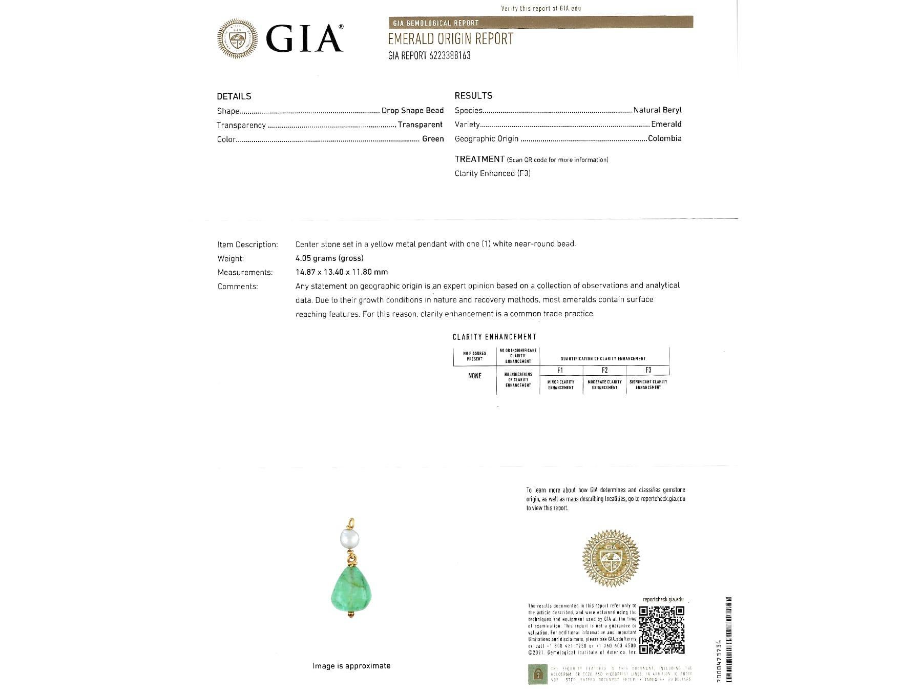 GIA Certified 14.80 Carat Colombian Emerald and Pearl 18k Yellow Gold Pendant For Sale 8