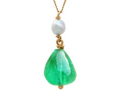 GIA Certified 14.80 Carat Colombian Emerald and Pearl 18k Yellow Gold Pendant