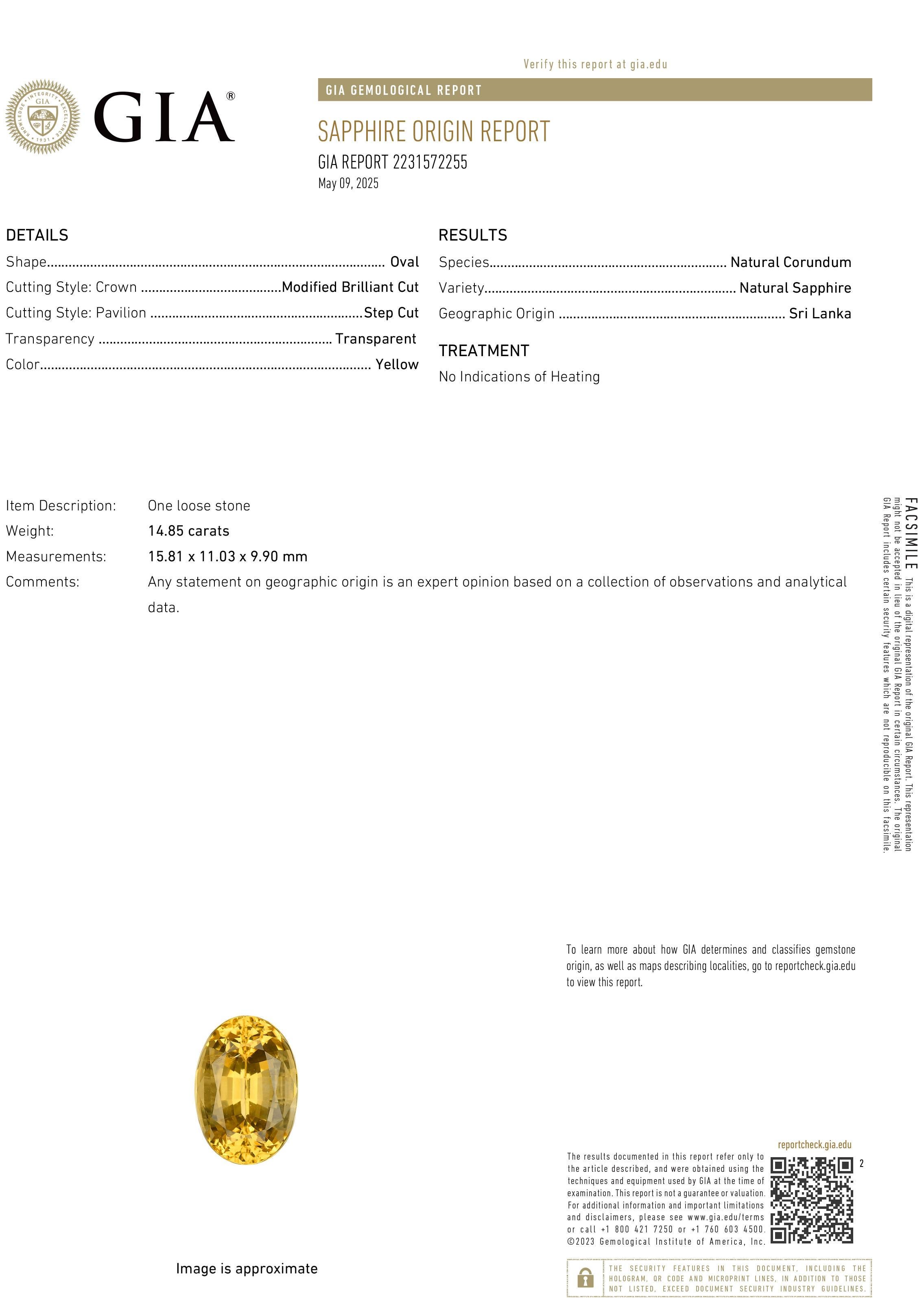 Véritable célébration de la rareté et de l'éclat, cette bague exquise est réalisée en or jaune 18 carats et met en valeur un saphir jaune de taille ovale certifié par la GIA, d'un éclat remarquable. D'origine Lumin (Sri Lanka) et ne présentant