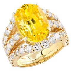 Bague certifiée GIA de 14,85 carats de saphir jaune de Ceylan sans chaleur et de diamant