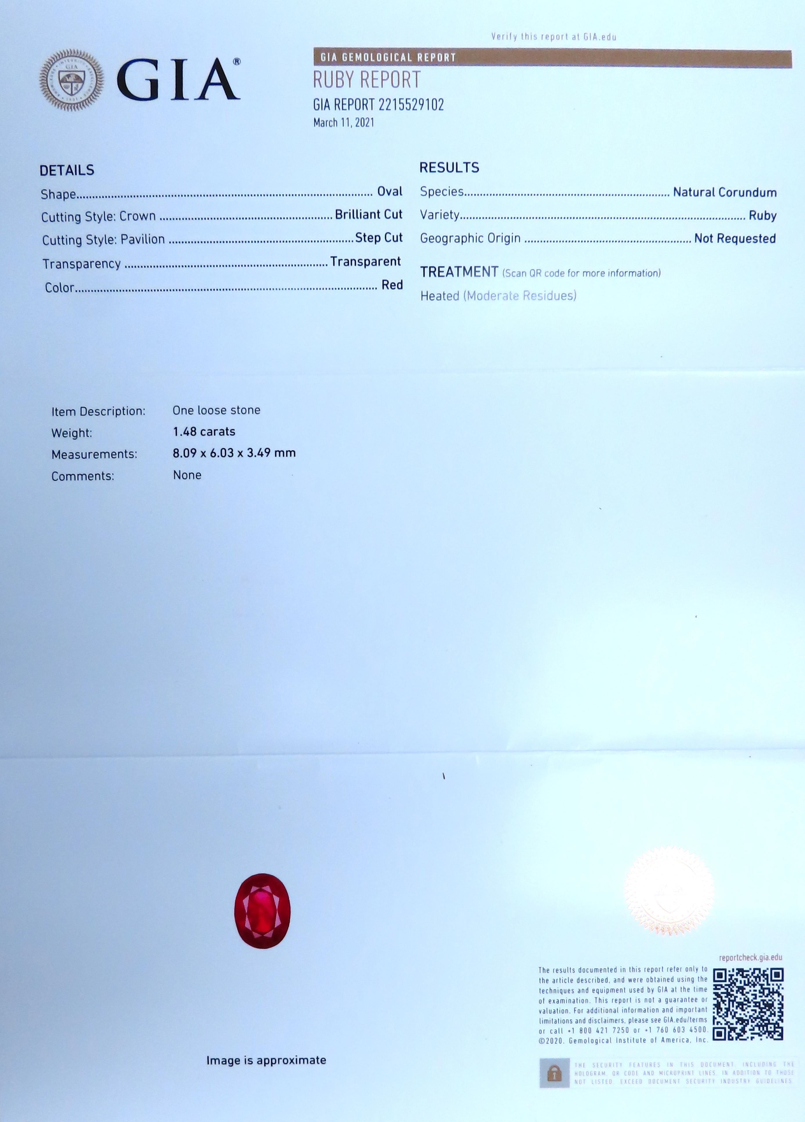 GIA Certificado 1.48ct Collar de Diamantes Rubí Natural Oro 14kt 47711 en venta 1
