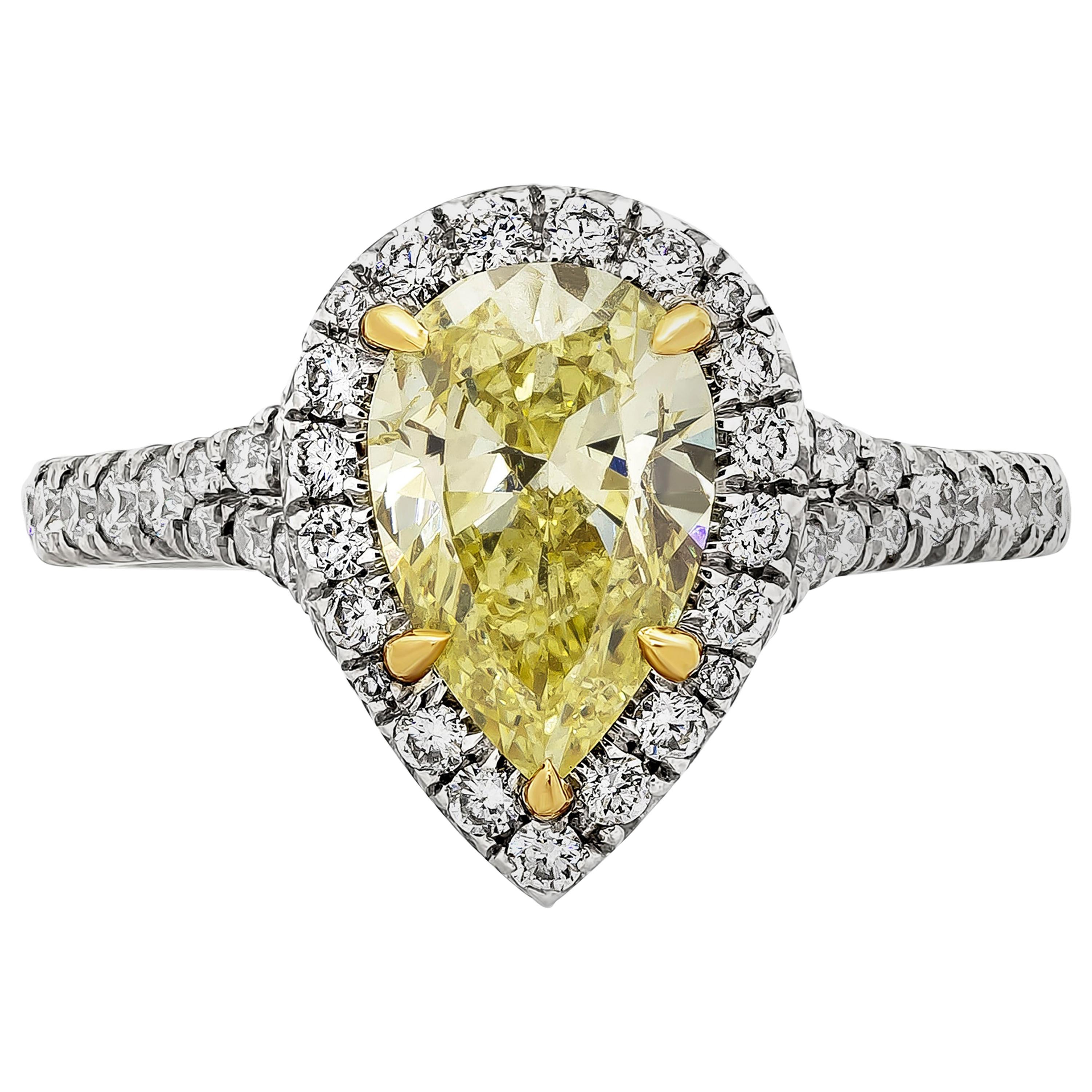 GIA Certified 1.49 Carats Fancy Intense Yellow Diamond Halo Engagement Ring For Sale