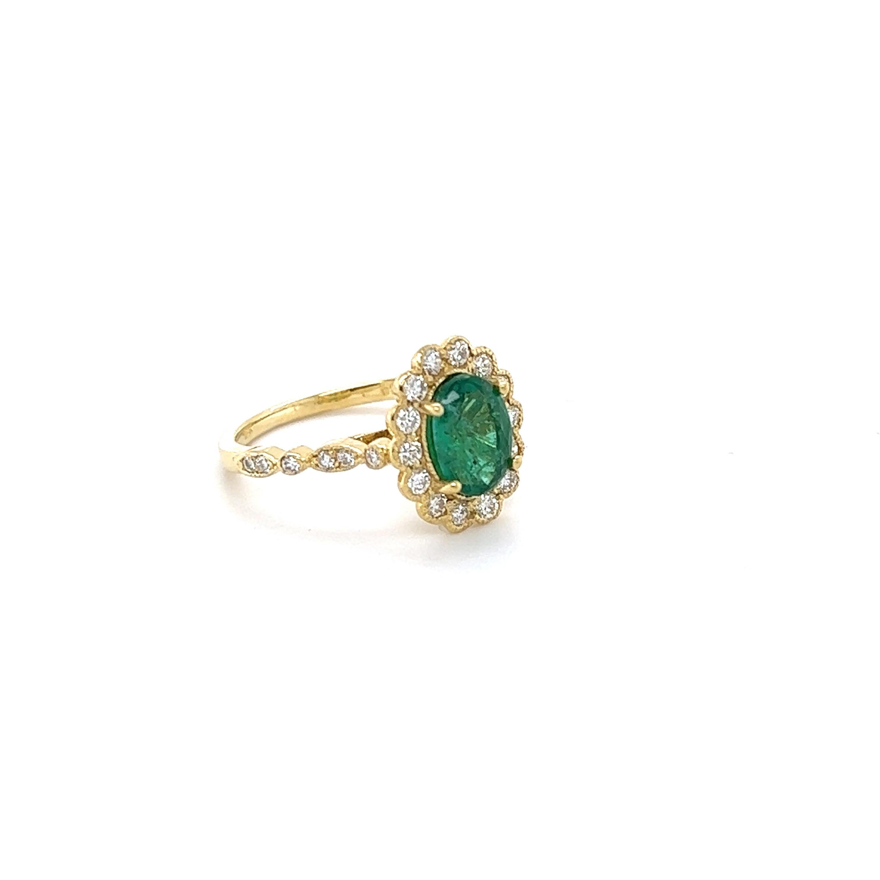 This ring has a 1.01 Carat Oval Cut Emerald and is surrounded by 28 Round Cut Diamonds that weighs 0.48 Carats. (Clarity: SI1, Color: F) The total carat weight of the ring is 1.49 carats. 
The Oval Cut Emerald measures at approximately 8 mm x 6 mm.