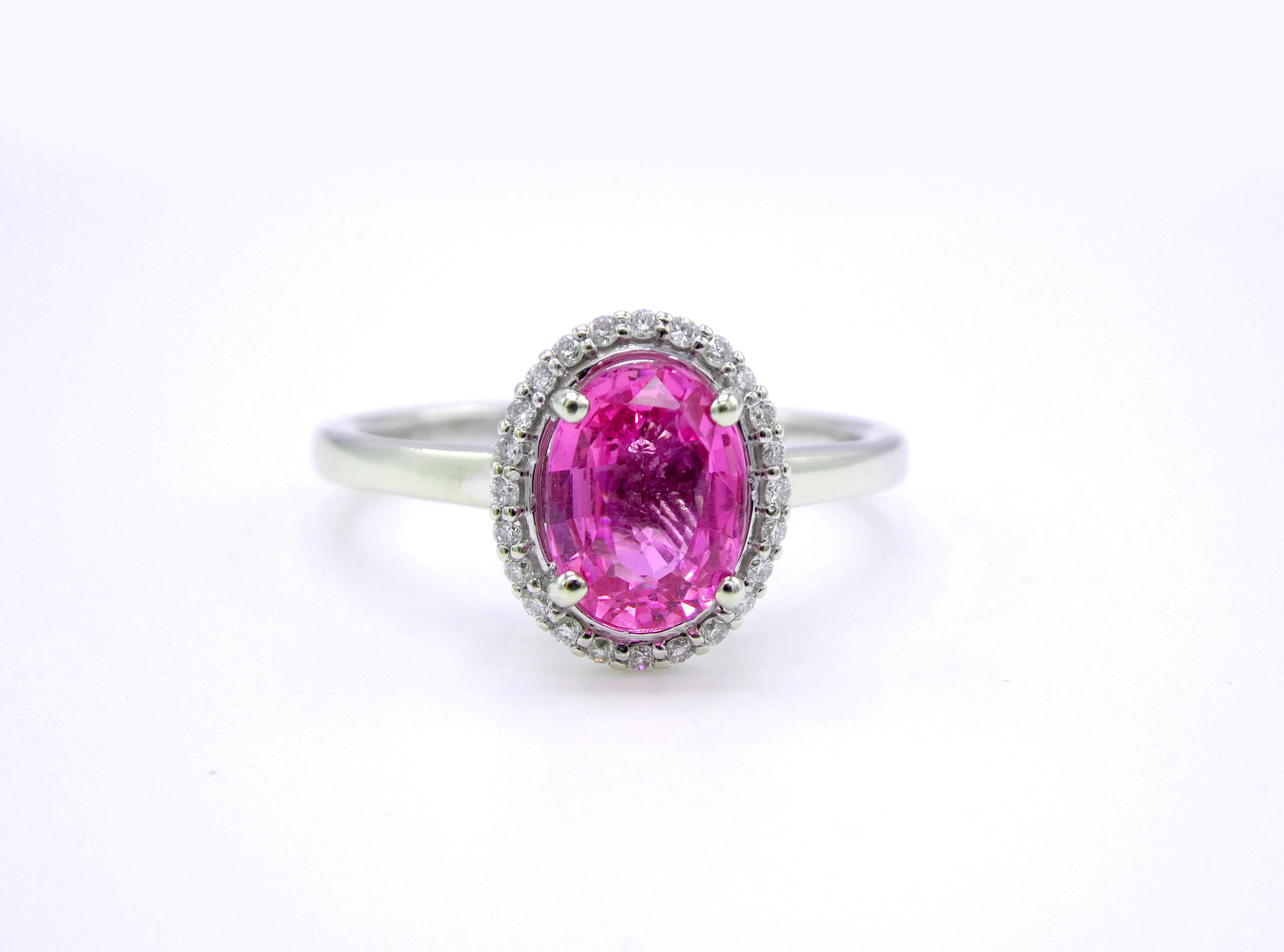 GIA Certified 1.49 Carat Oval Pink Sapphire  & Diamond Cocktail Ring 14K White Gold 

GIA certified natural pink sapphire (note original GIA Certificate pictured):
GIA Report Number: 1182327085
Shape: Oval
Weight: 1.49 carat
Cutting Style: Crown: