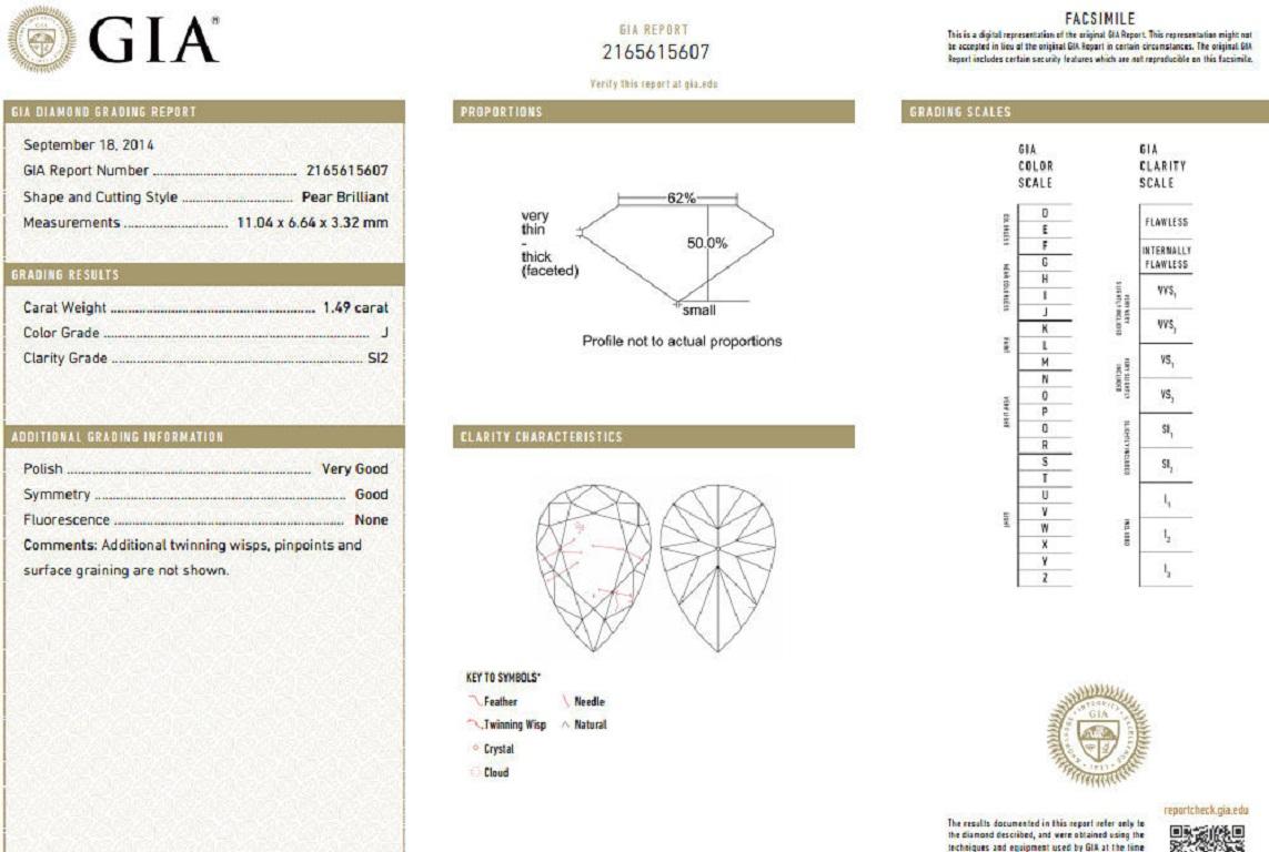 Taille poire Bague en diamant en forme de poire de 1,49 carat avec accents ronds de 0,20 carat, 14 carats, certifié GIA en vente
