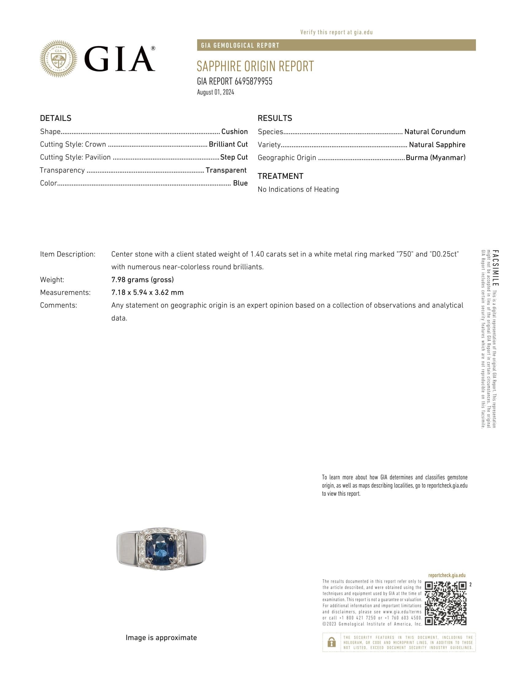 GIA certified 1.4Ct Burma No Heat Blue Sapphire Ring with Natural Diamonds 7