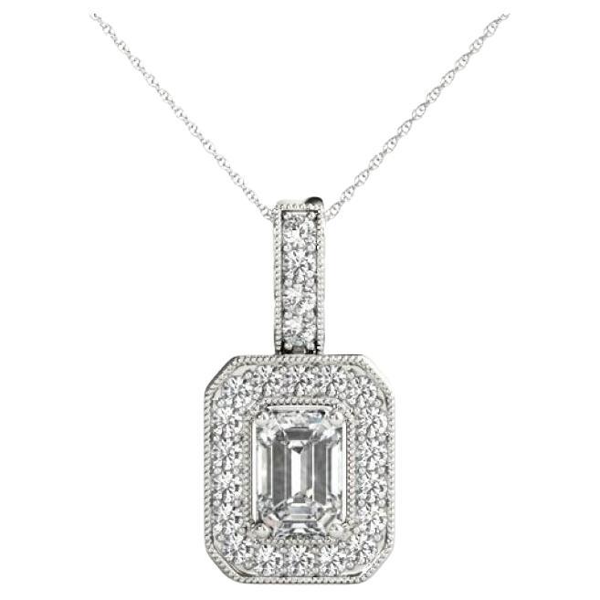 GIA Certified 1.4ct Emerald Cut Diamond Octagon Halo White Gold Pendant