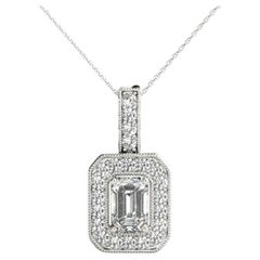 GIA Certified 1.4ct Emerald Cut Diamond Octagon Halo White Gold Pendant