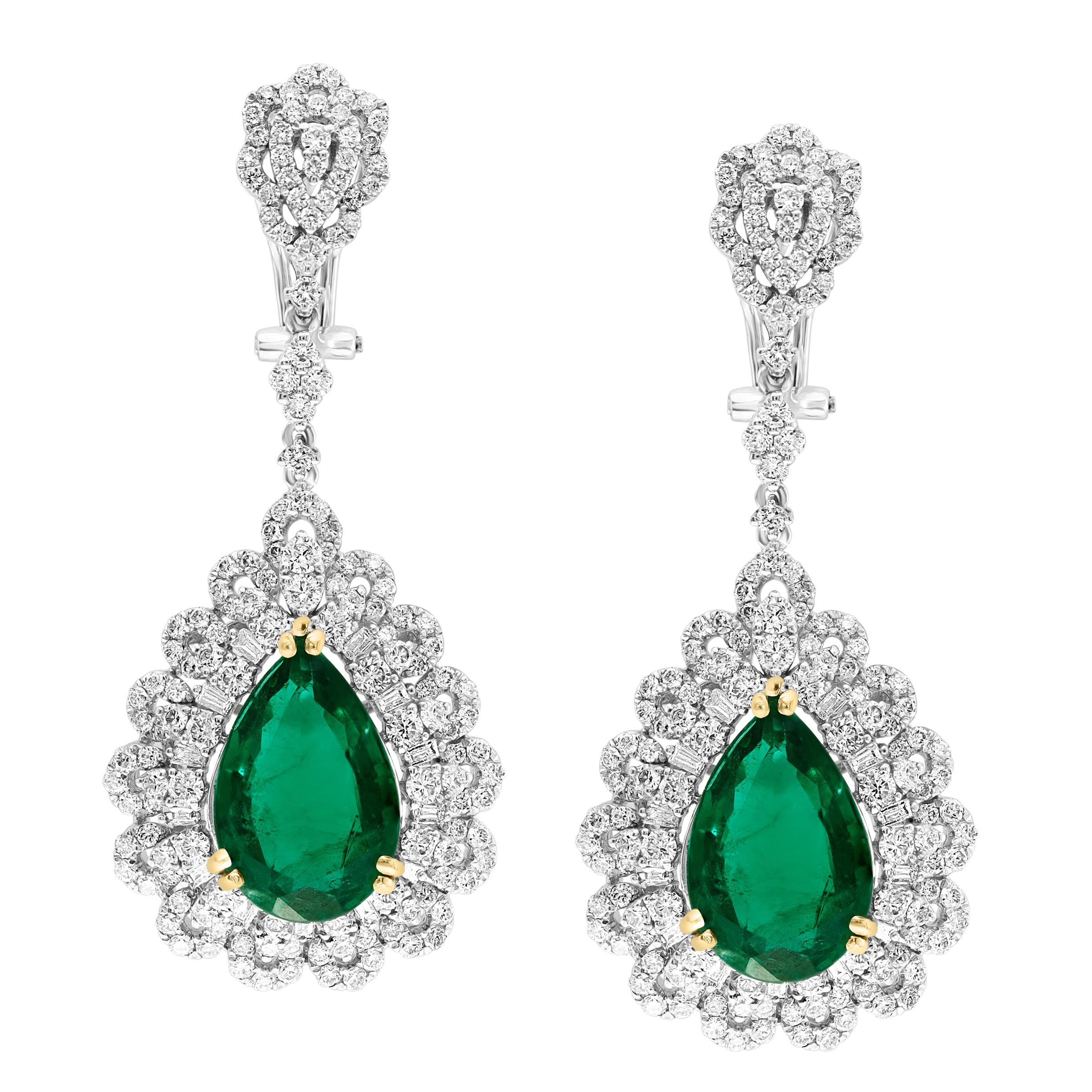 GIA Certified 14Ct Pear/Drop Zambian Emerald 7 Ct Diamond  Earrings 18 Kt Gold For Sale 9