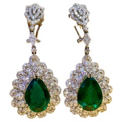 GIA Certified 14Ct Pear/Drop Zambian Emerald 7 Ct Diamond  Earrings 18 Kt Gold