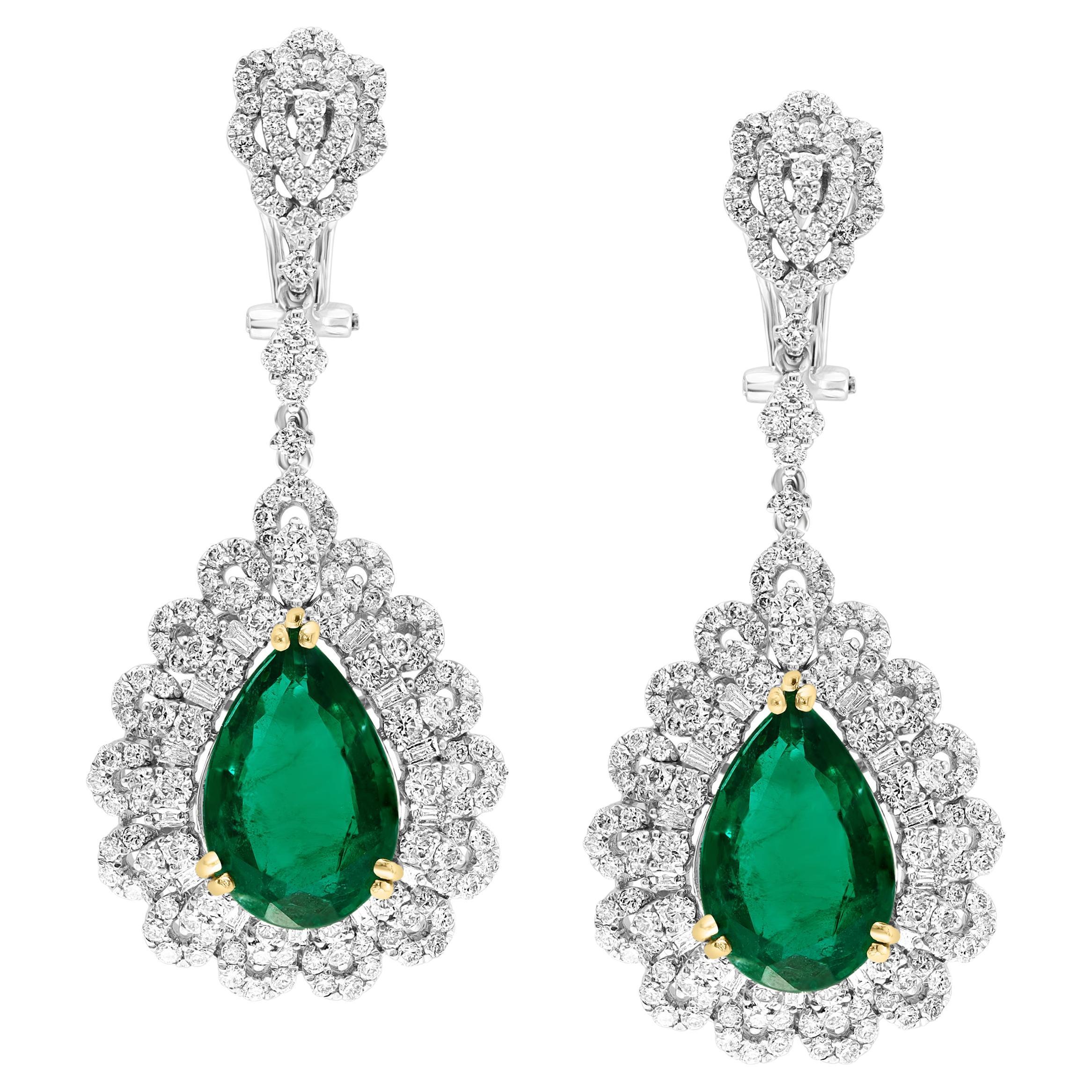 GIA Certified 14Ct Pear/Drop Zambian Emerald 7 Ct Diamond  Earrings 18 Kt Gold For Sale