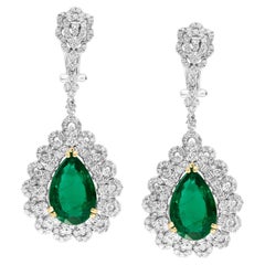 GIA Certified 14Ct Pear/Drop Zambian Emerald 7 Ct Diamond  Earrings 18 Kt Gold