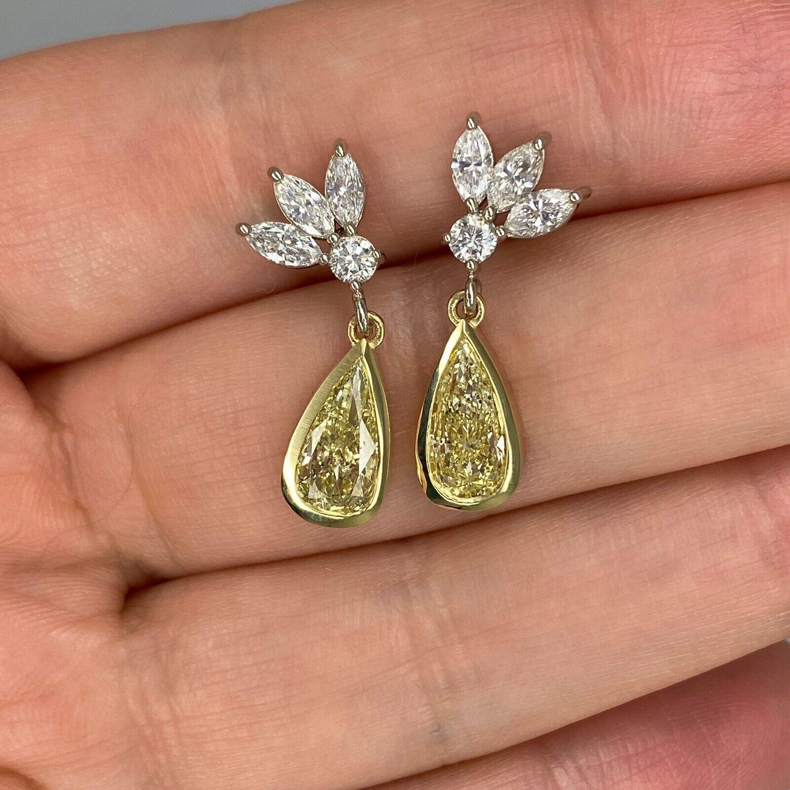 GIA Certified 14k Fancy Yellow Diamond Pear Shapes Dangling from White Diamonds In New Condition In Los Angeles, CA