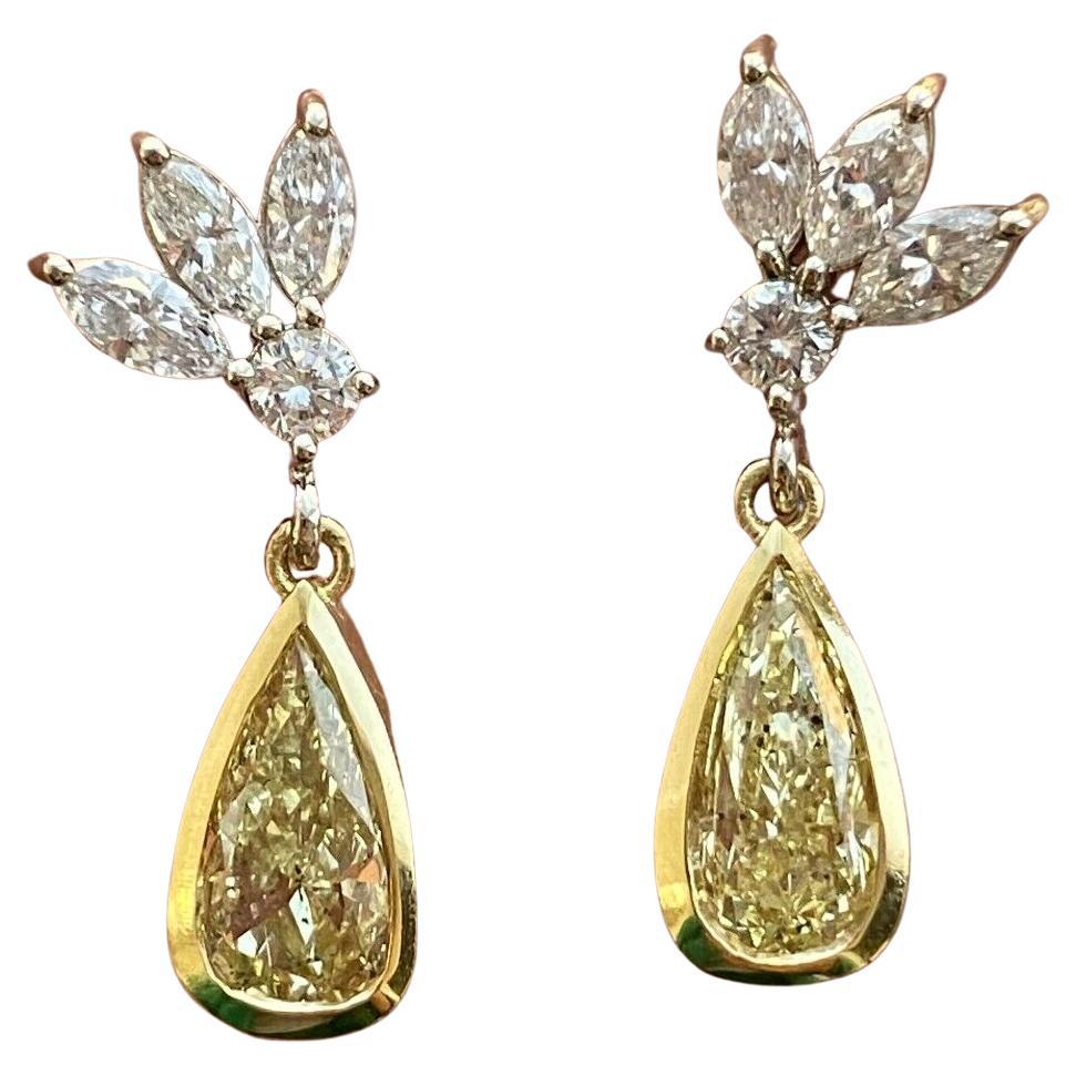 GIA Certified 14k Fancy Yellow Diamond Pear Shapes Dangling from White Diamonds