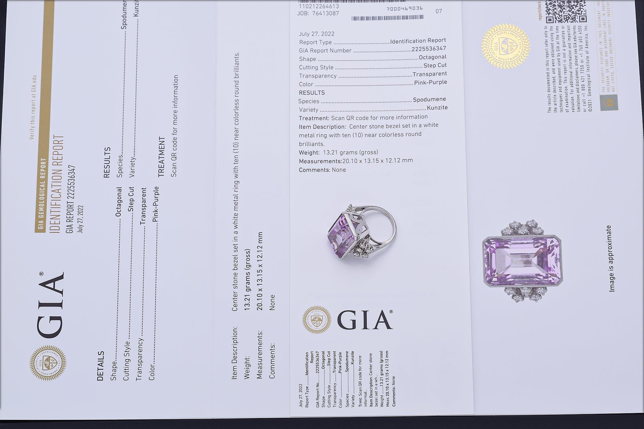 GIA-zertifizierter 14K Gold 30,50 Karat Kunzit & 0,80 TCW Diamant-Cocktailring 13,21 G im Zustand „Gut“ im Angebot in New York, NY
