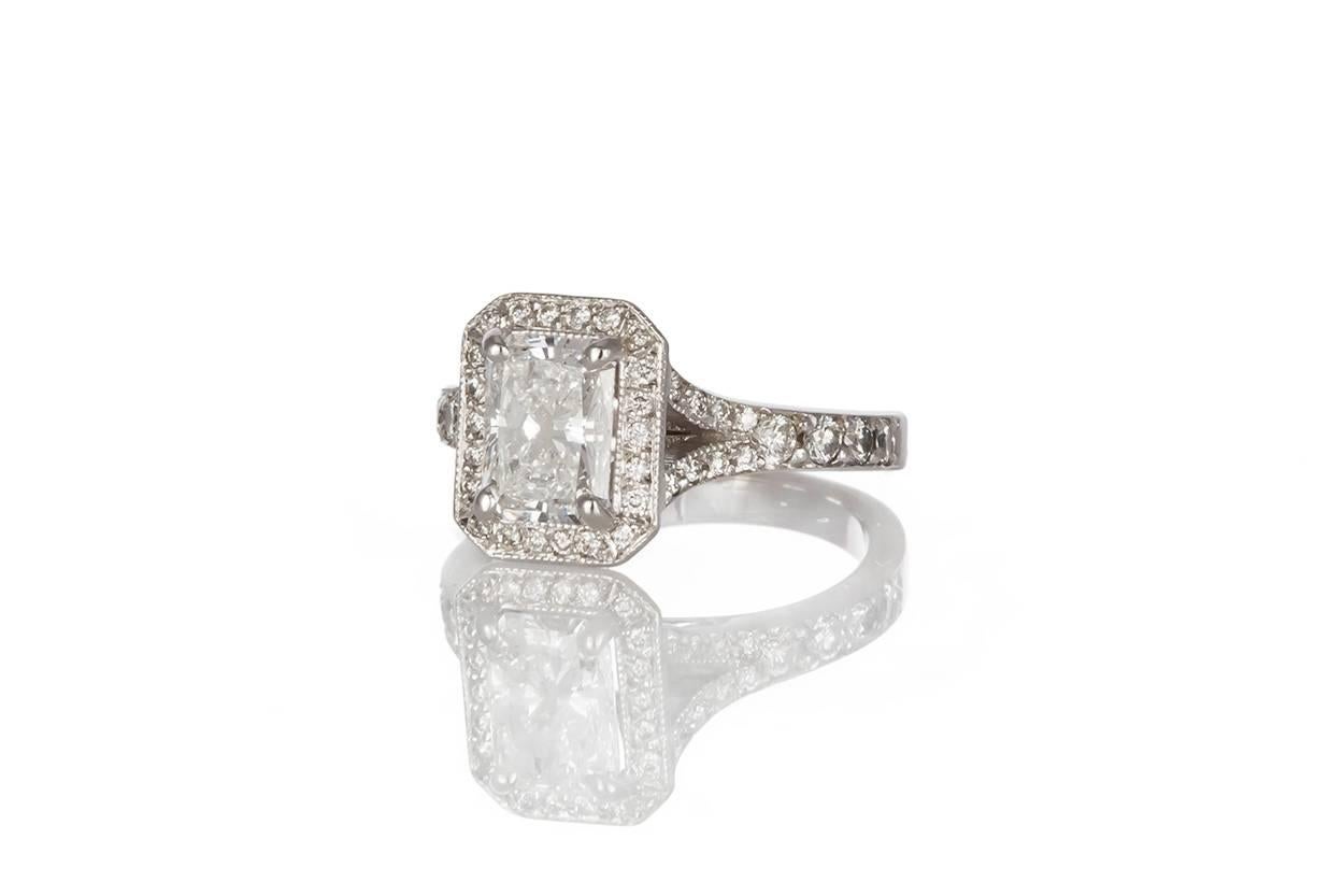 Modern GIA Certified 14K White Gold & Radiant Diamond Halo Engagement Ring Wedding Set