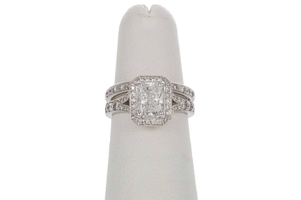 GIA Certified 14K White Gold & Radiant Diamond Halo Engagement Ring Wedding Set 2