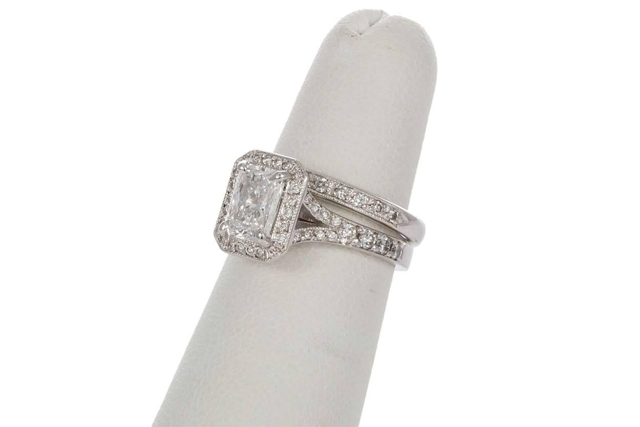 GIA Certified 14K White Gold & Radiant Diamond Halo Engagement Ring Wedding Set 3