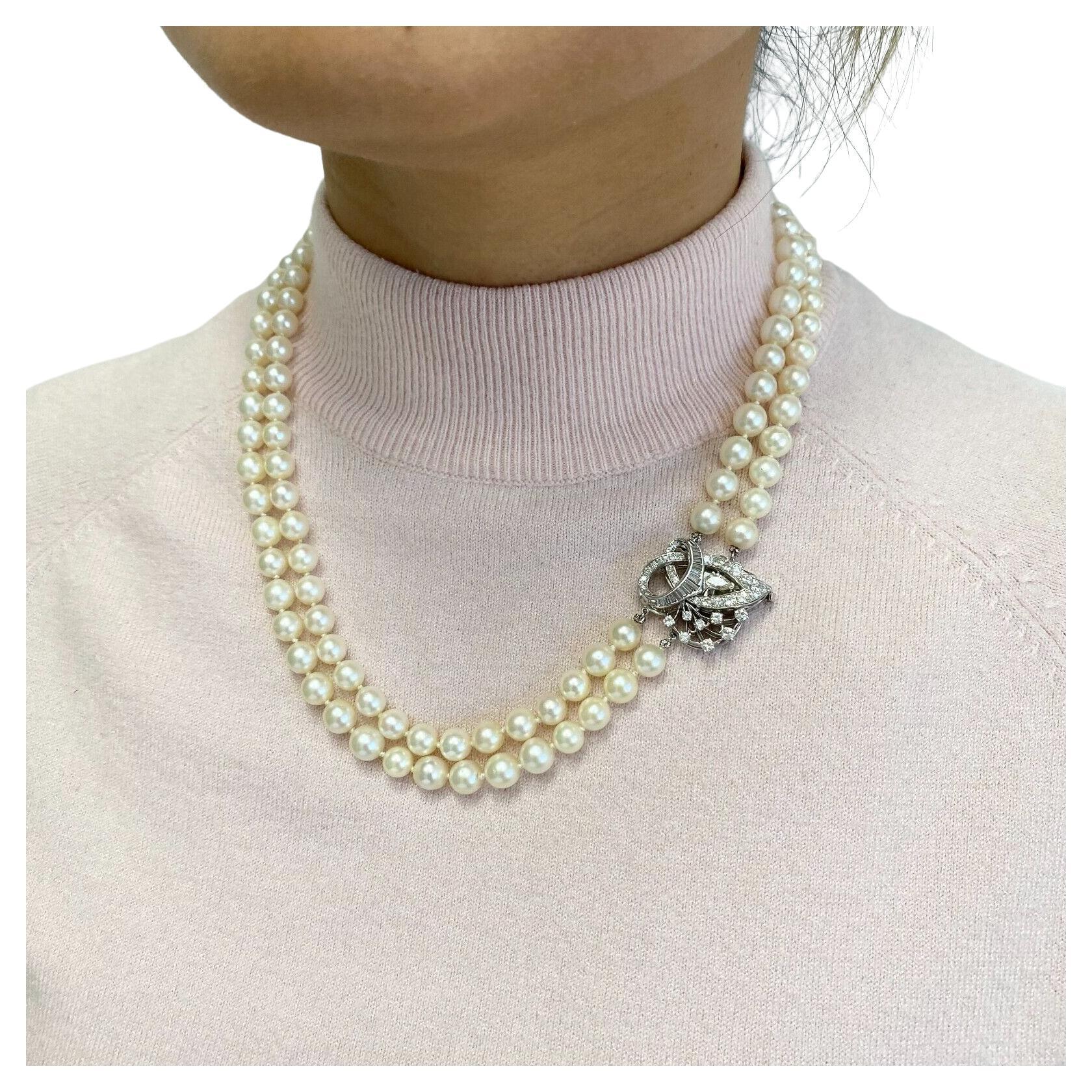 Double Strand Akoya Pearl Necklace Lavish Midcentury at 1stDibs