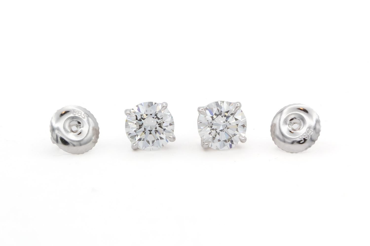 Women's GIA Certified 14K White Gold & Diamond Stud Earrings 1.60ctw Screw Backings For Sale