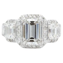 GIA Certified 14k White Gold & Emerald Cut Diamond Three Stone Halo Engagement R